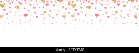 Bordo in confetti con glitter oro e cuori rosa. Cuori luminosi confetti cadenti su sfondo bianco. Banner San Valentino per biglietti d'auguri, matrimoni Illustrazione Vettoriale