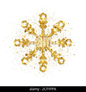 Fiocco di neve dorato glitter su sfondo bianco. Fiocchi di neve dorati con texture glitter. Biglietto d'auguri di Natale e Capodanno di lusso. Fiocco di neve Illustrazione Vettoriale