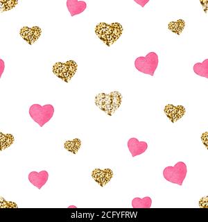 Cuori con glitter rosa e oro motivo senza cuciture. Cute San Valentino sfondo. Cuori d'oro con scintille e polvere di stelle. Sfondo con simbolo Illustrazione Vettoriale