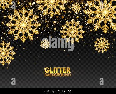 Fiocchi di neve in oro glitter con particelle in caduta su sfondo trasparente. Lucenti fiocchi di neve dorati con polvere di stelle. Fiocco di neve frizzante. Elegante Illustrazione Vettoriale
