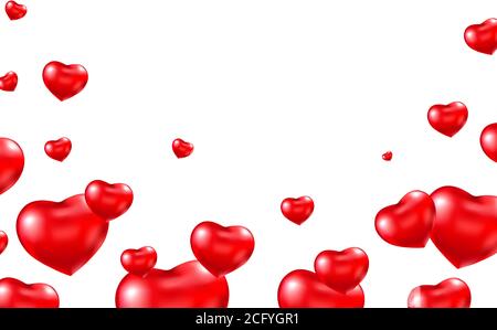 Carta San Valentino. Palloncino rosso cuore che cade su sfondo bianco. Cornice romantica. Palloncini di elio luminosi. Pallone ad aria a forma di cuore. Vettore Illustrazione Vettoriale