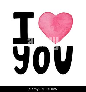 Ti amo-scritta disegnata a mano citazione con cuore acquerello. Biglietto d'auguri di San Valentino con calligrafia. Romantico pennello moderno scritto a mano Illustrazione Vettoriale