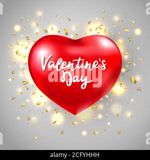 Cuore lucido rosso. Carta da giorno di San Valentino con cuore rosso, confetti scintillanti e scritte a mano. Romantico biglietto d'auguri per matrimoni. Giorno delle donne e. Illustrazione Vettoriale