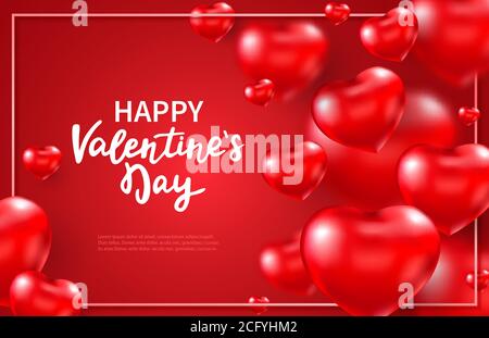 San Valentino sfondo giorno con cuori lucidi 3d rossi e posto per il testo. Volare palloncini cuore rosso. Buon giorno di San Valentino scritta a mano. Celebrazione Illustrazione Vettoriale
