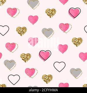 Oro glitter e cuori rosa acquerello motivo senza cuciture. San Valentino sfondo. Confetti con cuore pieno di noodle. Romantico wallpaper design con Illustrazione Vettoriale