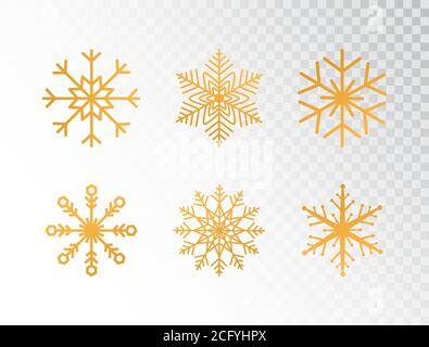 Fiocchi di neve dorati su sfondo trasparente. Buon Natale e Felice biglietto d'auguri di Capodanno con fiocchi di neve d'oro glitter. Design di lusso per le vacanze Illustrazione Vettoriale