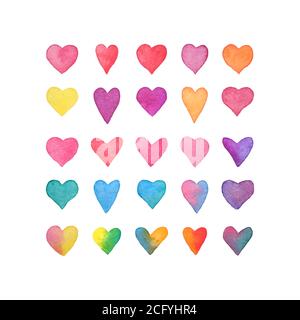 Set cardiaco acquerello. Raccolta di cuori disegnati a mano isolati su sfondo bianco. Elemento di design romantico per l'invito al matrimonio, carta giorno di San Valentino Illustrazione Vettoriale