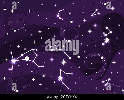 Costellazione galassia. Sfondo spaziale con stelle, costellazioni, buco nero, nebulosa. Stardust e stelle scintillanti di sfondo. Vettore cosmico Illustrazione Vettoriale