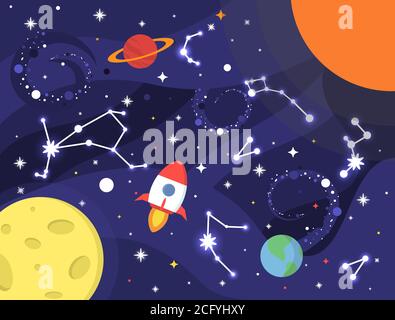 Sfondo spaziale con nebulosa, pianeti, stelle, Via lattea, costellazione, Terra, razzo, Luna, buco nero. Costellazione galassia. Design dello spazio esterno Illustrazione Vettoriale
