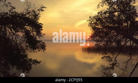Incredibilmente bella la mattina presto sul lago. Nebbia sulla superficie dell'acqua ai raggi di un'alba arancione. Vista del drone 4K Foto Stock