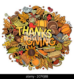 Felice Thanksgiving mano disegnata cartoon doodles illustrazione. Illustrazione Vettoriale