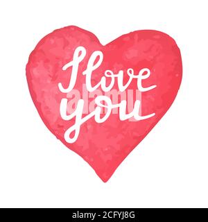 Cuore acquerello disegnato a mano con testo calligrafia Ti voglio bene. Citazione scritta a mano Ti voglio bene. Design romantico per San Valentino, invito al matrimonio Illustrazione Vettoriale
