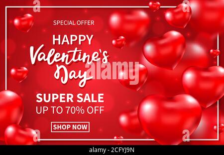 Giorno di San Valentino super vendita sfondo con 3D rosso cuori lucidi e lettere a mano. Volare palloncini cuore rosso. Holiday design per striscioni, carta da parati Illustrazione Vettoriale