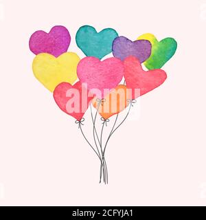 Palloncini a cuore disegnati a mano con acquerello. Carta per San Valentino fatta a mano. Colorato elemento di design romantico per biglietto d'auguri, invito al matrimonio. Vettore Illustrazione Vettoriale
