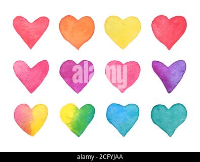 Set di cuori ad acquerello disegnati a mano. Raccolta di cuori arcobaleno isolato su sfondo bianco. Elemento romantico di design per l'invito al matrimonio, San Valentino Illustrazione Vettoriale