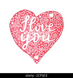 Ti amo citazione scritta a mano in acquerello mano disegnato cuore con ornamento floreale. Carta giornaliera di San Valentino fatta a mano. Frase romantica Ti voglio bene. Moderno Illustrazione Vettoriale