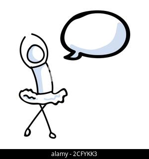 Ballerina stickman disegnata a mano con concetto di bolla del parlato. Semplice contorno ballerina figura doodle icona clipart. Per la sala da ballo o il teatro Illustrazione Vettoriale