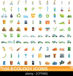 set di 100 icone ecologiche. Illustrazione cartoon di 100 icone ecologiche vettore insieme isolato su sfondo bianco Illustrazione Vettoriale
