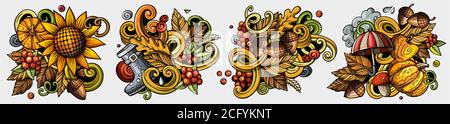 Autunno cartoon vettore doodle disegni set Illustrazione Vettoriale