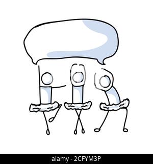 Stickman disegnati a mano tre ballerini con concetto di bolla del parlato. Semplice contorno ballerina figura doodle icona clipart. Per la sala da ballo o il teatro Illustrazione Vettoriale