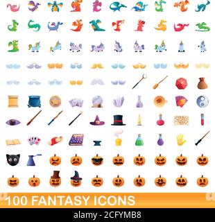 set di 100 icone fantasy. Illustrazione cartoon di 100 icone fantasy vettore insieme isolato su sfondo bianco Illustrazione Vettoriale