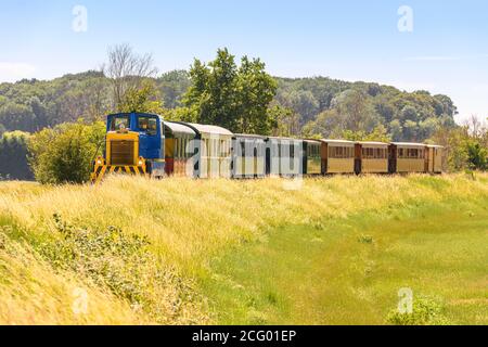 Francia, Somme (80), Baie de Somme, Saint-Valery-sur-Somme, le petit train de la baie de Somme con la sua locomotiva diesel Foto Stock