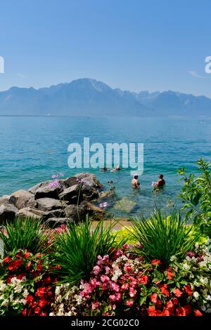 Svizzera, Cantone di Vaud, Montreux, le banchine sulle rive del Lago di Ginevra, nuoto Foto Stock