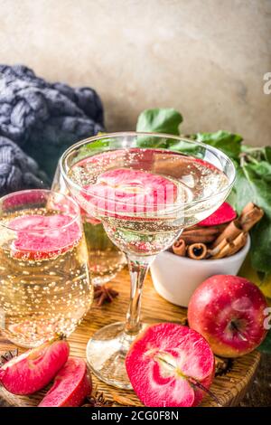 Bevanda di sidro di mela. Cocktail martini di sidro di mele rosse autunnali, con fette di mela e mele fresche a fette, spazio copia di sfondo in legno Foto Stock