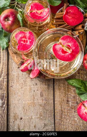 Bevanda di sidro di mela. Cocktail martini di sidro di mele rosse autunnali, con fette di mela e mele fresche a fette, spazio copia di sfondo in legno Foto Stock