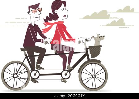 Illustrazione in stile retrò di un uomo e di una donna che cavalcano un tandem. Illustrazione Vettoriale