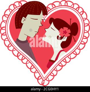 Un paio di asiatici gara baciare su uno sfondo a forma di cuore. Illustrazione Vettoriale