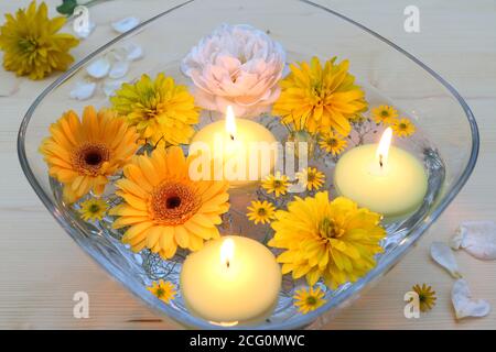 decorazione romatica con fiori di gelbo e candele galleggianti Foto Stock