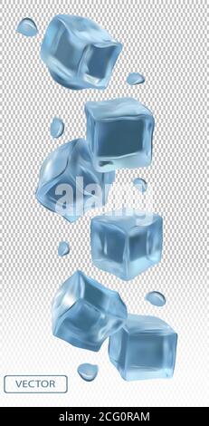 Cubetti di ghiaccio con gocce d'acqua su sfondo trasparente. Cubetti di ghiaccio surgelati da diverse angolazioni. Illustrazione vettoriale 3D realistica. Illustrazione Vettoriale