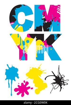 Iscrizione CMYK con spruzzi colorati. Immagine su sfondo bianco. Concetto per la presentazione della stampa a colori. Vettore disponibile. Illustrazione Vettoriale