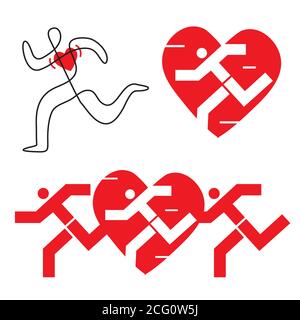 Correre per un cuore sano. Tre illustrazioni di corridori stilizzati con icona cuore. Vettore disponibile. Illustrazione Vettoriale