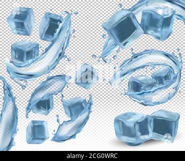 Cubi di ghiaccio realistici con schizzi e torsioni d'acqua su sfondo trasparente. Cubetti di ghiaccio da diverse angolazioni. Icona vettore 3D. Illustrazione Vettoriale