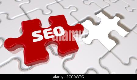 SEO. L'iscrizione sull'elemento mancante del puzzle. Ripiegato bianco puzzle elementi e uno rosso con testo SEO (Search Engine Optimization) Foto Stock