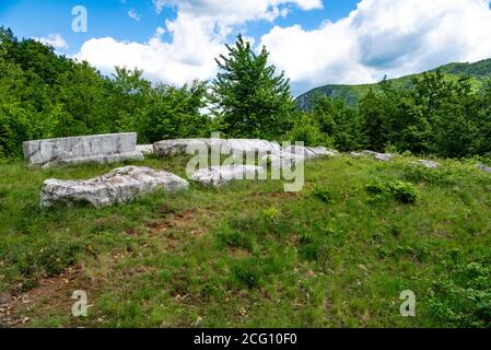 Lapidi medievali del 13 ° secolo chiamato Mramorje o Gajevi, situato sulla montagna Tara vicino al villaggio di Krizevac. Necropoli di forme diverse. Foto Stock