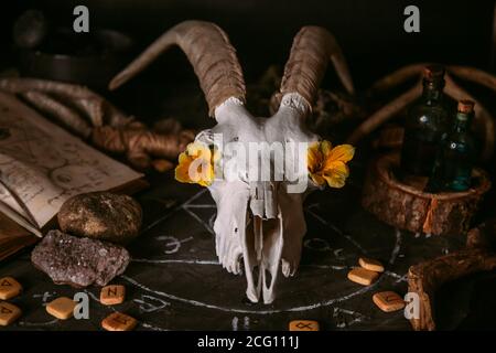 Gabbiano di capra bianco con corna, fiori, libro aperto vecchio, candele sul tavolo delle streghe. Concetto occulto, esoterico, divinazione e wicca. Halloween, giorno della dea Foto Stock