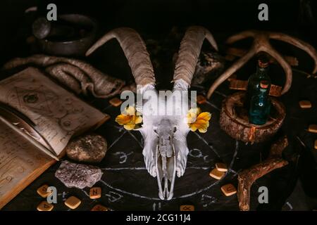 Gabbiano di capra bianco con corna, fiori, libro aperto vecchio, candele sul tavolo delle streghe. Concetto occulto, esoterico, divinazione e wicca. Halloween, giorno della dea Foto Stock