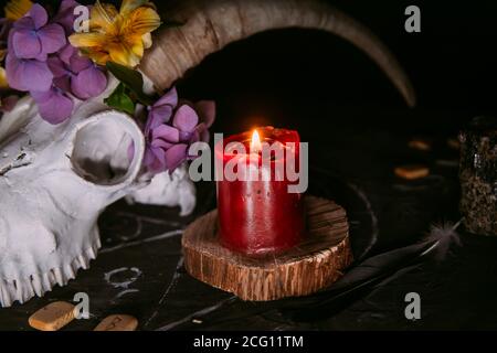 Gabbiano di capra bianco con corna, fiori, libro aperto vecchio, candele sul tavolo delle streghe. Concetto occulto, esoterico, divinazione e wicca. Halloween, giorno della dea Foto Stock