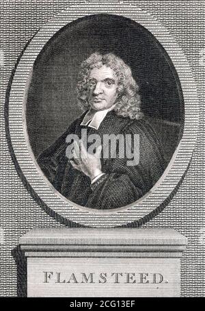 JOHN FLAMSTEED (1646-1719) primo astronomo inglese Royal, in un'incisione del 1702 Foto Stock
