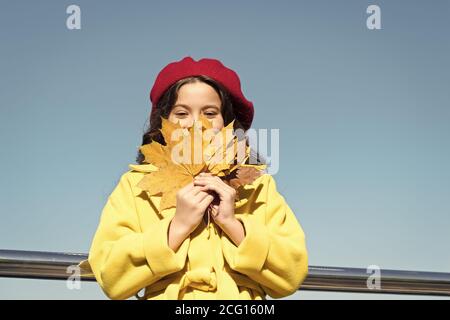 Cielo chiaro e di buon tempo. Ispirando caduta. Idee per il tempo libero d'autunno. Bambina adorare la stagione autunnale. Kid tenere foglie di acero. Piccola ragazza indossare abbigliamento cadere all'esterno. Autunno lista della benna per bambini. Foto Stock