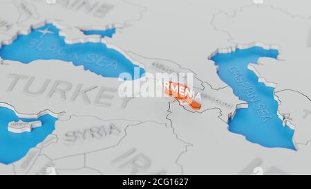 Armenia evidenziata su una mappa del mondo 3D semplificata bianca. Rendering 3D digitale. Foto Stock