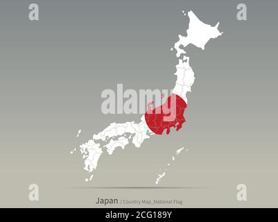 Bandiera giapponese isolata sulla mappa. Mappa e bandiera dei paesi asiatici. Illustrazione Vettoriale