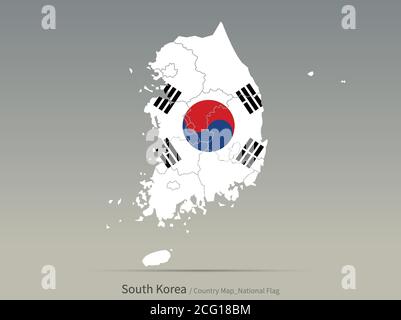Bandiera della Corea del Sud isolata sulla mappa. Mappa e bandiera dei paesi asiatici. Illustrazione Vettoriale