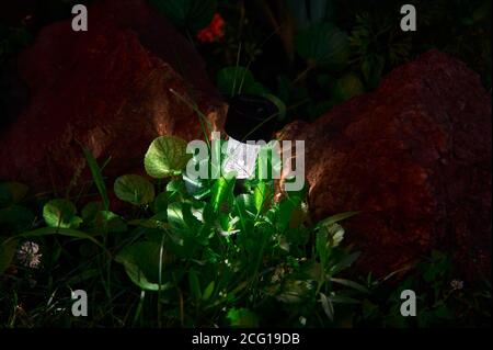 la torcia da giardino alimentata a energia solare si illumina di notte, la torcia si illumina al buio, nel villaggio Foto Stock