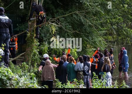 Denham, Regno Unito. 7 Settembre 2020. Un ramo grande tagliato da un albero da un chirurgo dell'albero che lavora per conto di HS2 Ltd è abbassato verso gli operai di sicurezza e gli attivisti di ribellione di HS2 che prendono l'azione diretta per prevenire o ritardare l'abbattimento dell'albero funziona in congiunzione con il collegamento ferroviario ad alta velocità di HS2 nel Denham Country Park. Gli attivisti anti-HS2 continuano a fare campagna e ad agire direttamente contro il controverso progetto £106 miliardi per il quale la fase di costruzione è stata annunciata il 4 settembre da una serie di campi di protezione basati lungo il percorso della linea tra Londra e Birmingham. Credito: Mark Kerrison/Ala Foto Stock