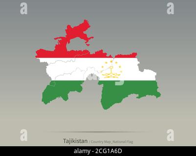 Bandiera del Tagikistan isolata sulla mappa. Mappa e bandiera dei paesi dell'asia centrale. Illustrazione Vettoriale