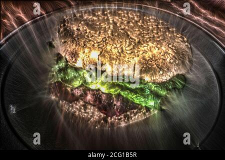 Un hamburger alla griglia con pomodori e insalata su un piatto. Foto Stock